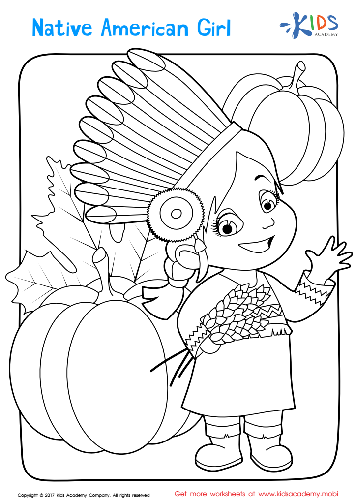 Native american girl thanksgiving day worksheet printable coloring page for kids