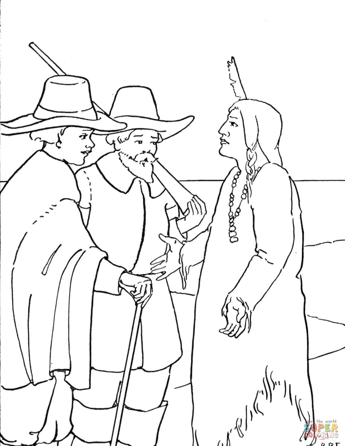 Thanksgiving pilgrims and indian coloring page free printable coloring pages