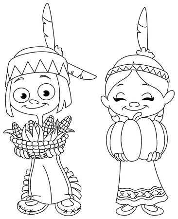 Outlined american indian children sharing food for thanksgiving vector illustration coloring page royalty free svg cliparts vectors and stock illustration image