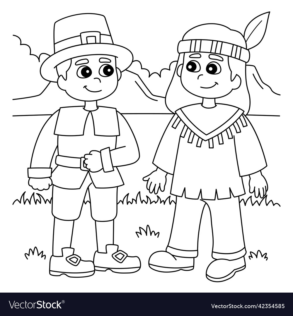 Thanksgiving pilgrim native american coloring vector image