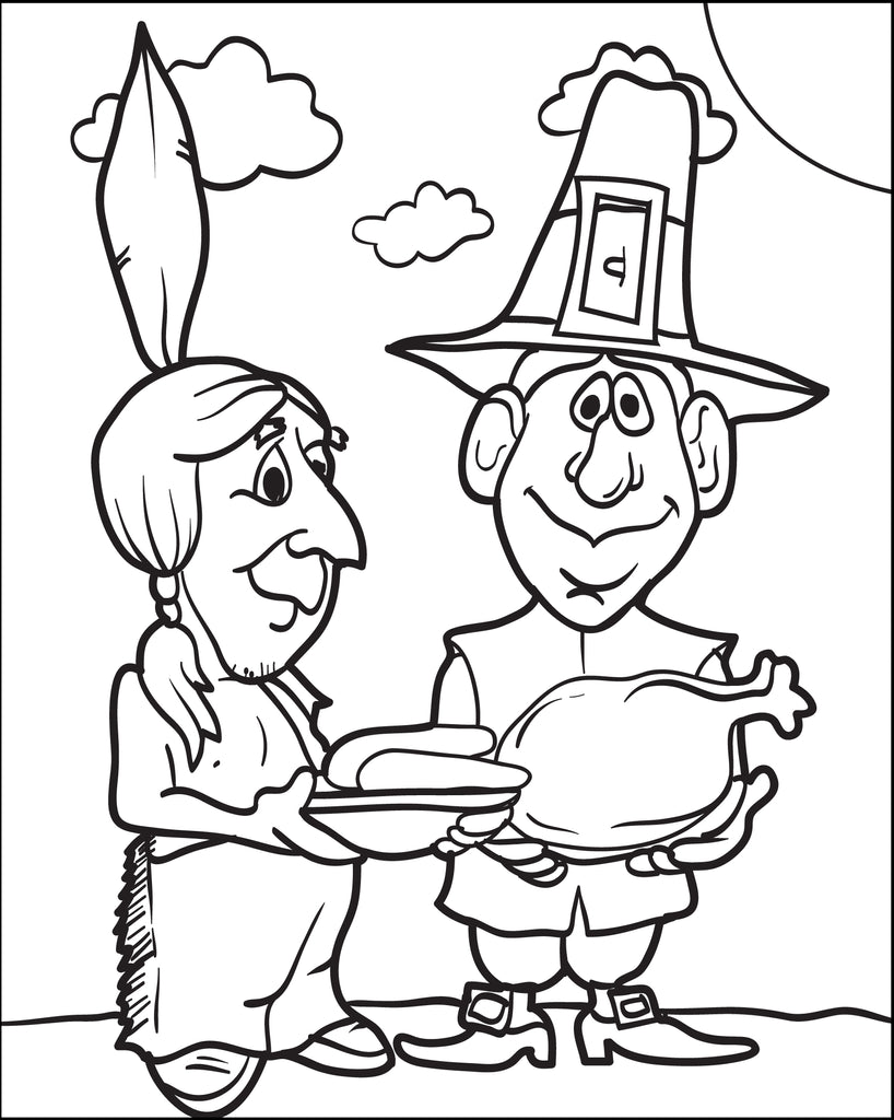 Printable pilgrim and indian coloring page for kids â