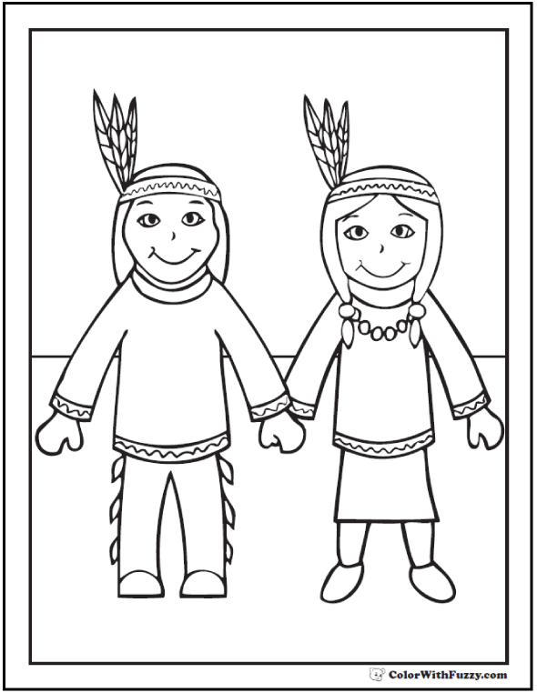 Native indian coloring sheet cute boy and girl