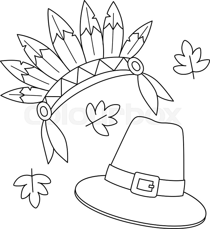 Thanksgiving indian headdress pilgrim hat coloring stock vector