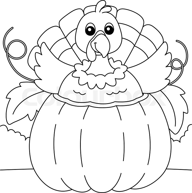 Thanksgiving turkey inside pumpkin coloring page stock vector