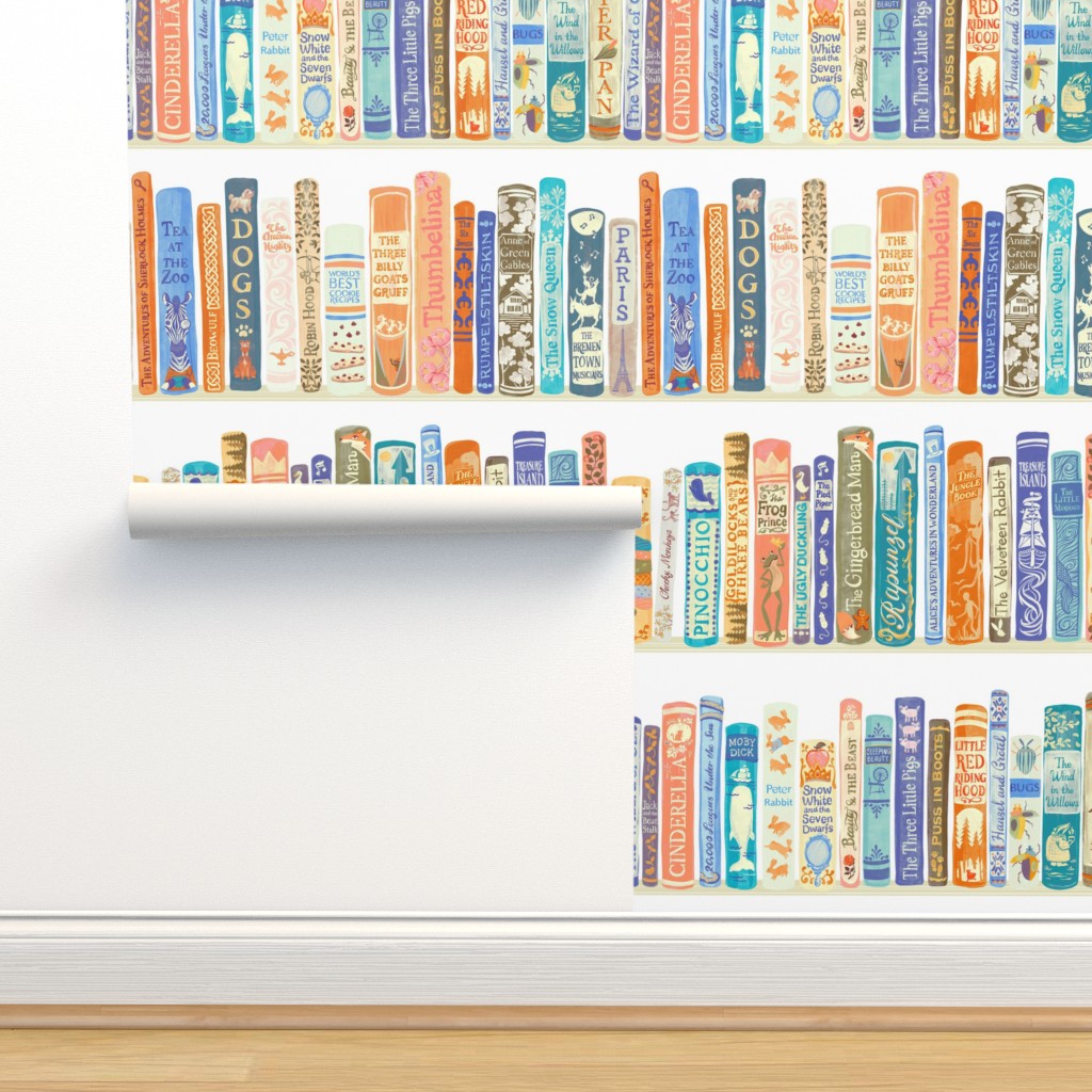Childrens library book shelves wallpaper