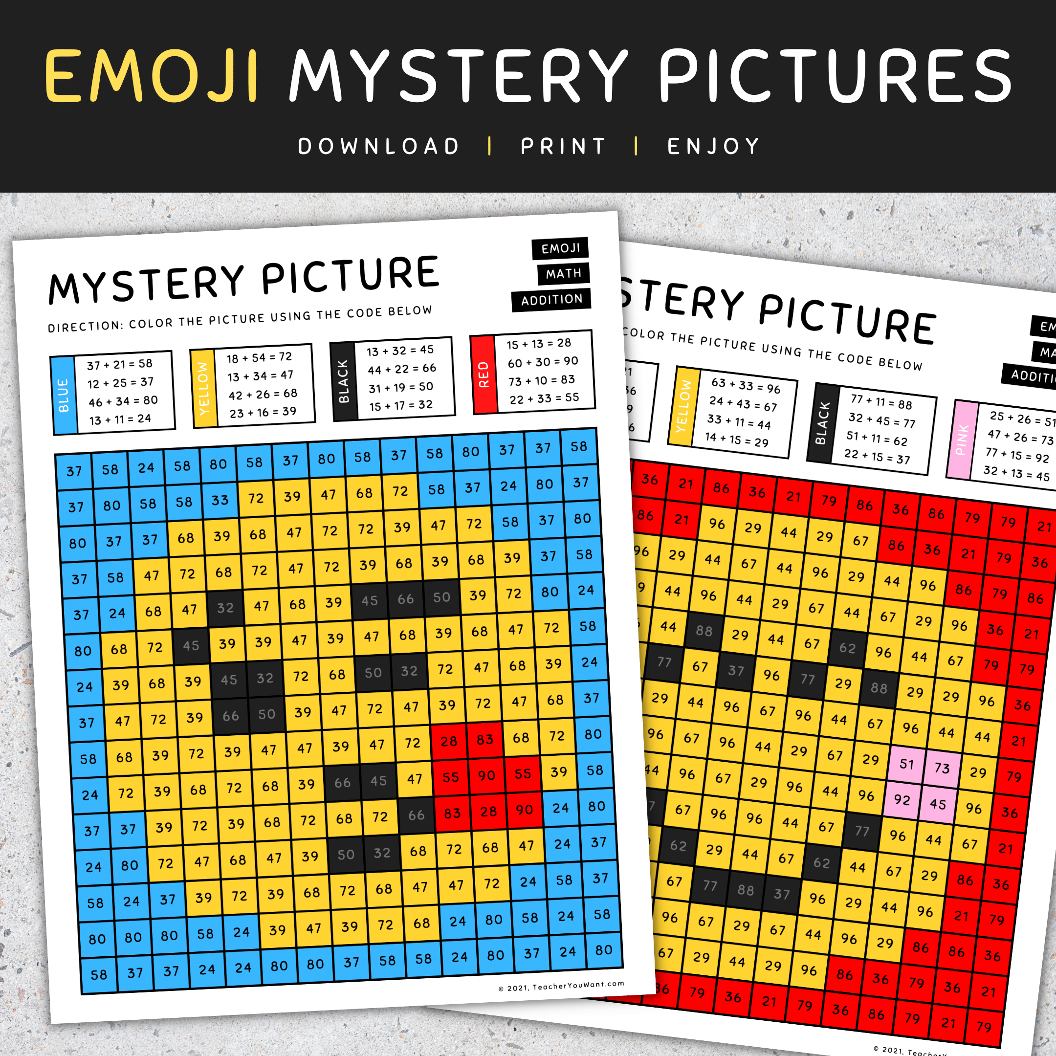 Emoji mystery picture color by number back to school math addition made by teachers