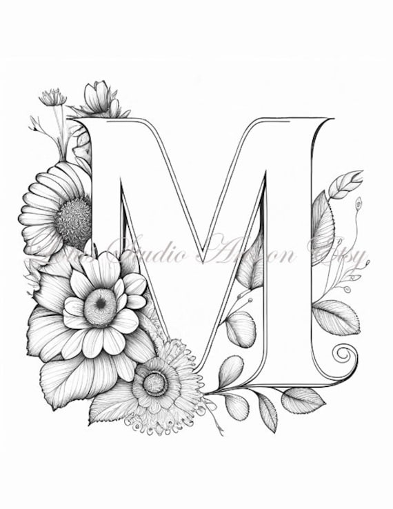 Floral letter m coloring page style downloadable printable alphabet coloring page for adults and teens great for craft projects