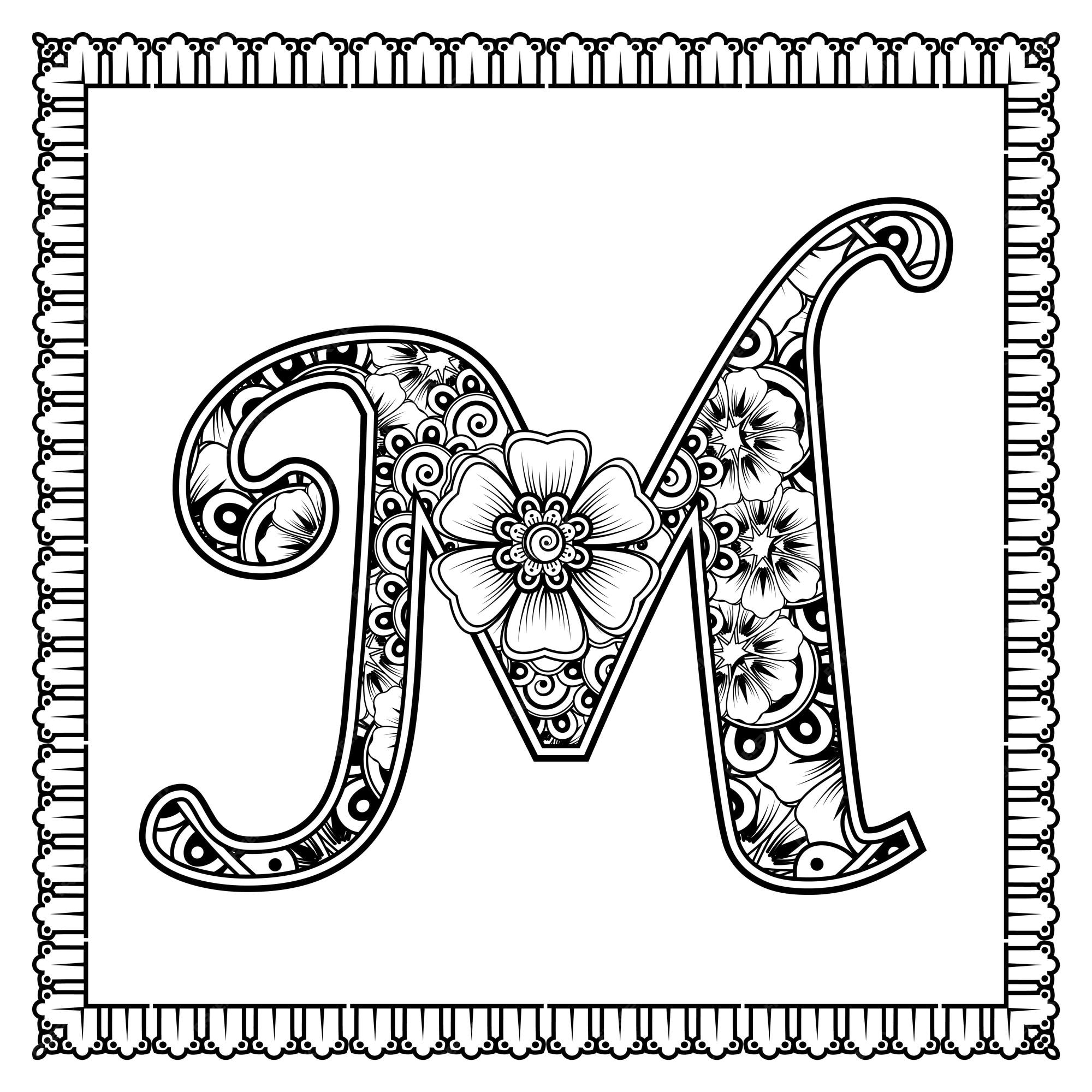 Premium vector letter m made of flowers in mehndi style coloring book page outline handdraw vector illustration