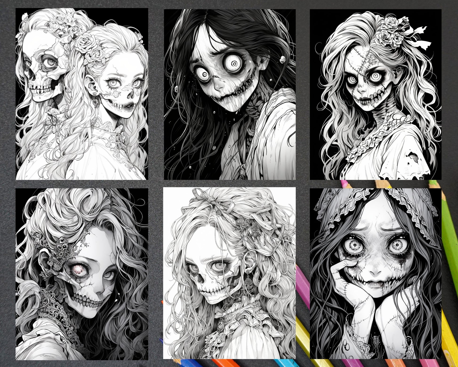 Horror beauties grayscale coloring pages printable for adults pdf â coloring