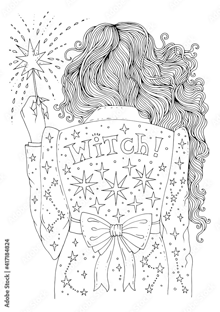 Vector hand drawn coloring page modern city witch back in a jacket with stars woman sorceress with long wavy hair holds a shining magic stick in her hand decorated graphic illustration