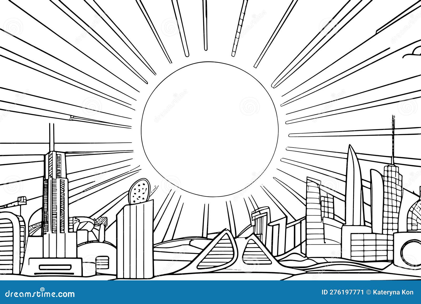 A modern futuristic city coloring page illustration featuring a big sun shining over tall skyscrapers and advanced technology stock vector