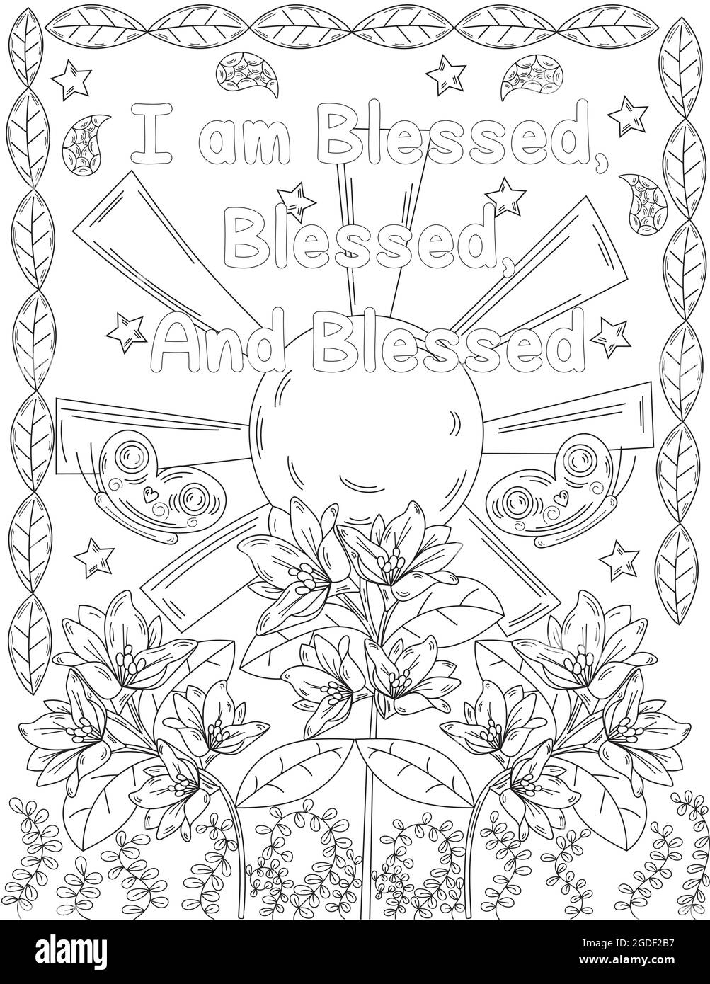Sun shining bright above the flowers insects leaves with stars colorless line drawing morning brightness shines flower butterflies coloring book page stock vector image art