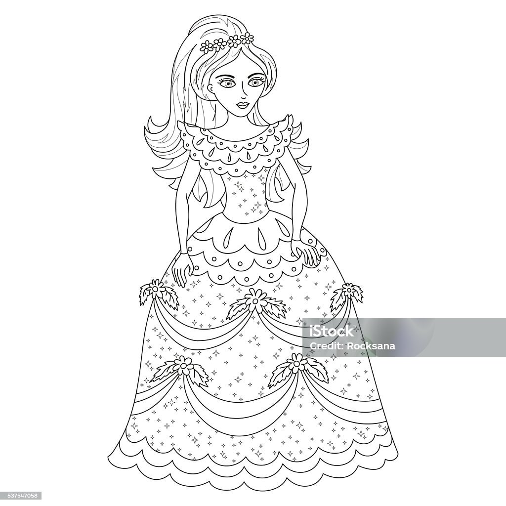 Beautiful princess in shining dress coloring book page stock illustration