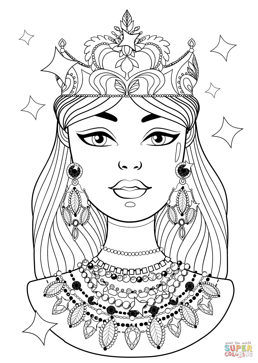 Shining princess with necklaces coloring page free printable coloring pages