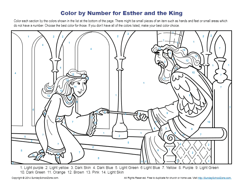 Esther and the king color by number bible activity for kids