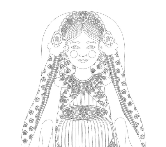 Jewish queen esther coloring sheet printable file traditional folk dress matryoshka doll