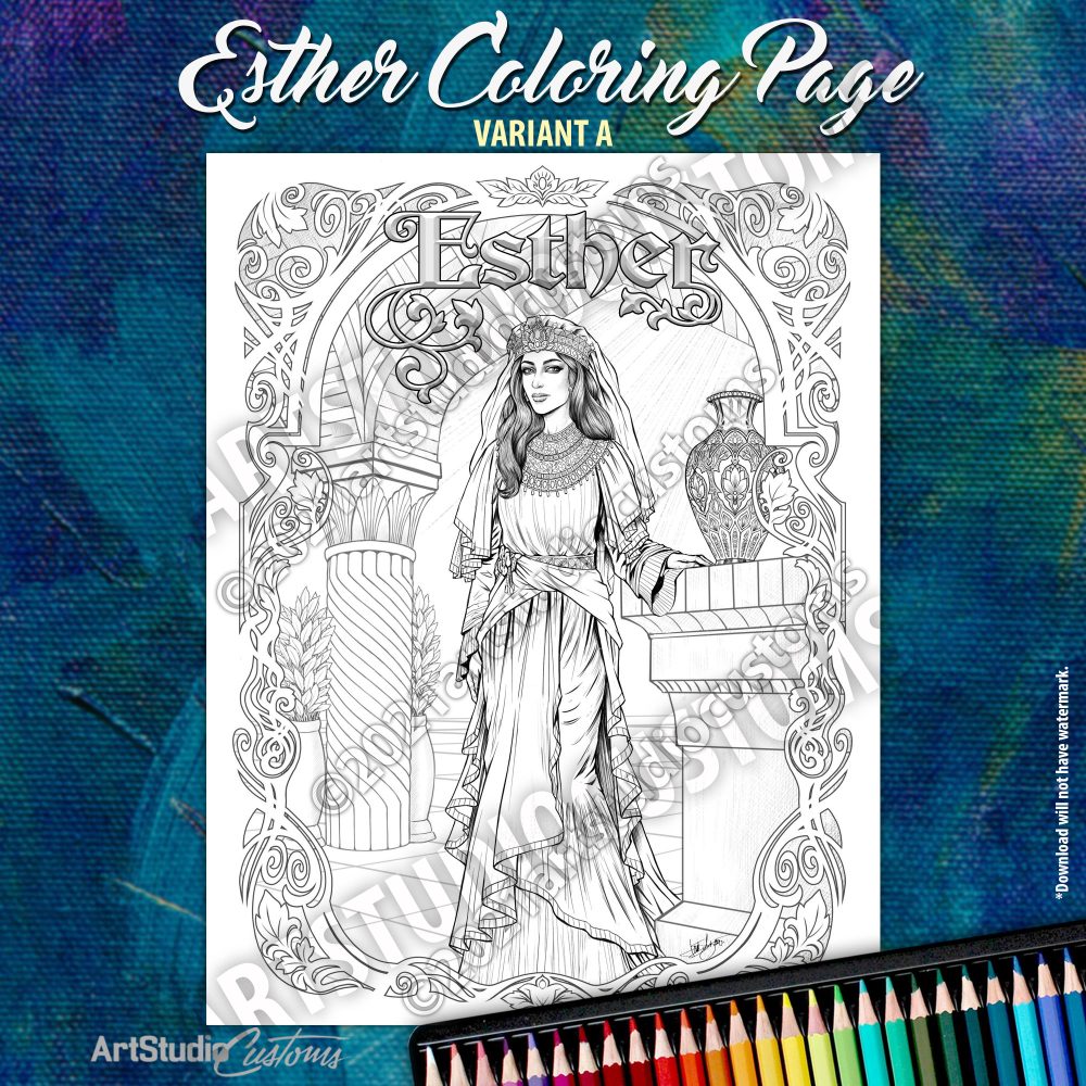 Printable esther coloring page variant a from the old testament black and white line art jpg pdf digital download