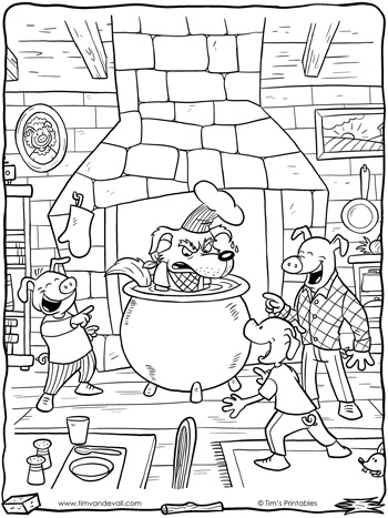 Three little pigs coloring page â big bad wolf in the cauldron â tims printables