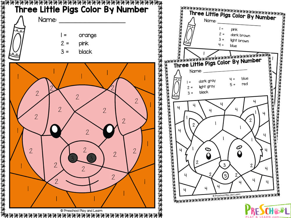 Free three little pigs color by number worksheets