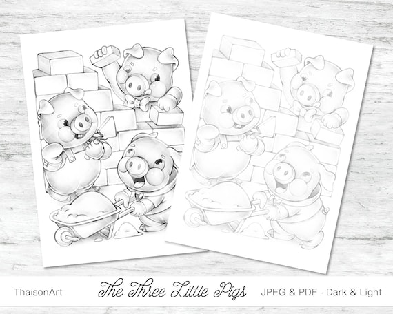 The three little pigs coloring pages for adults and kids digital stamp animals illustration fairy tale scene pdf instant download