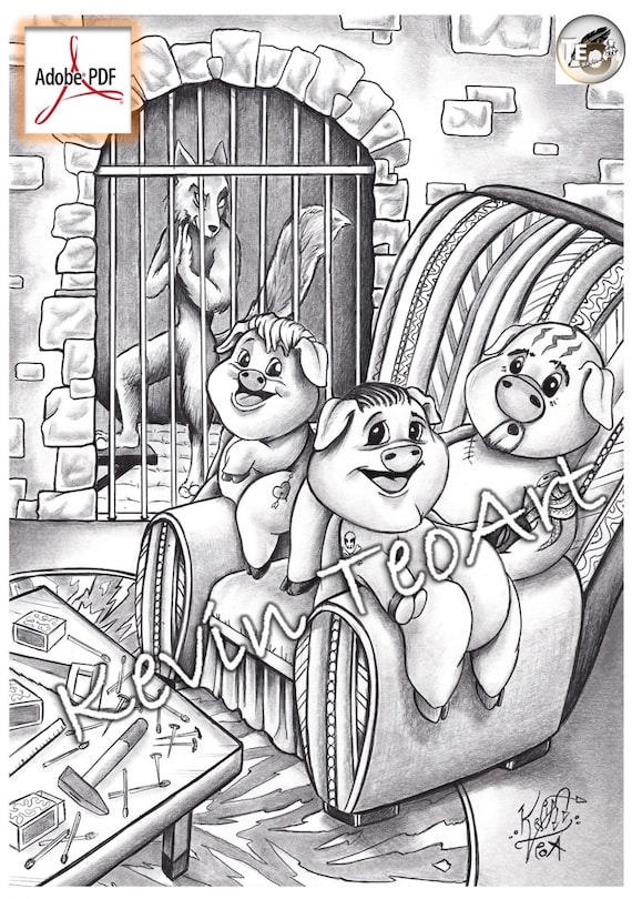 The little pigs kevin teoart coloring page grayscale