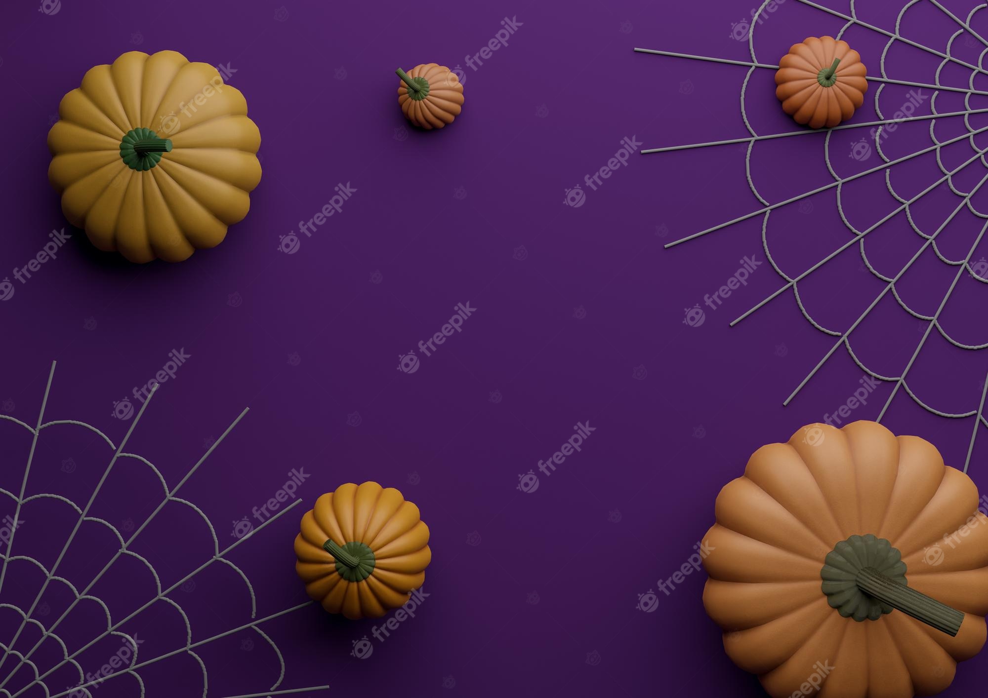 Premium photo dark purple violet d illustration autumn fall halloween themed product display podium stand background or wallpaper with pumpkins and spiderwebs photography horizontal flat lay top view from above