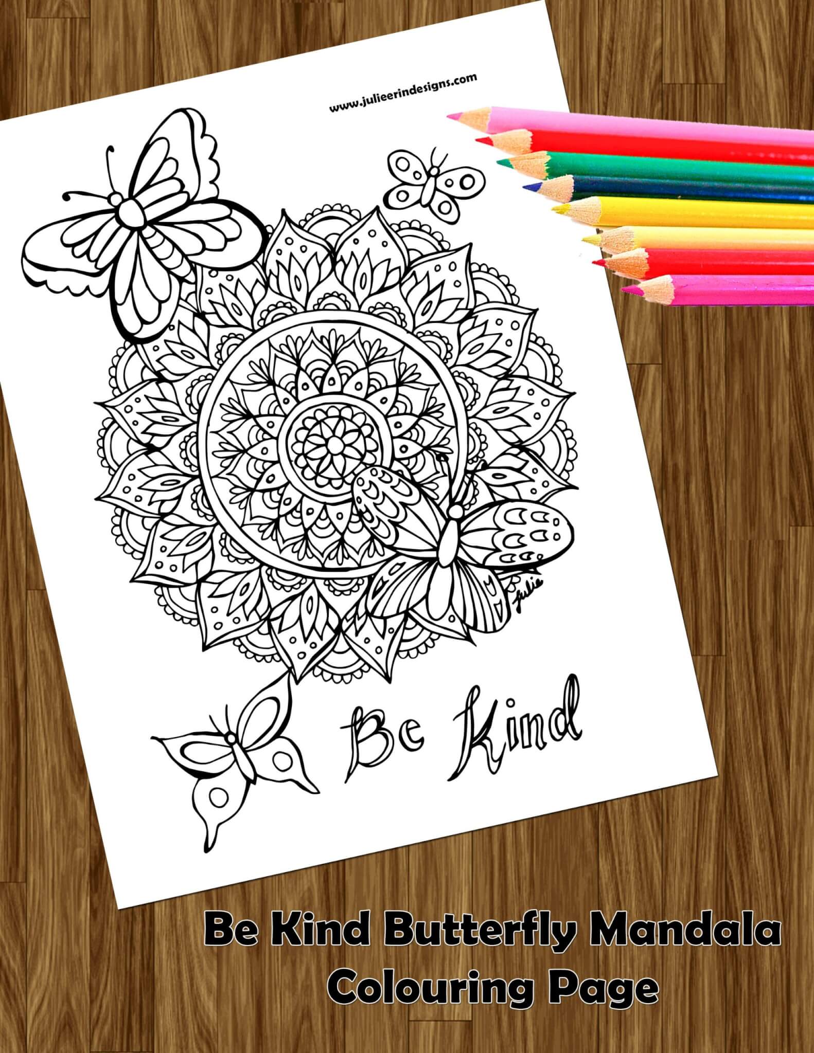 Be kind butterfly mandala colouring page