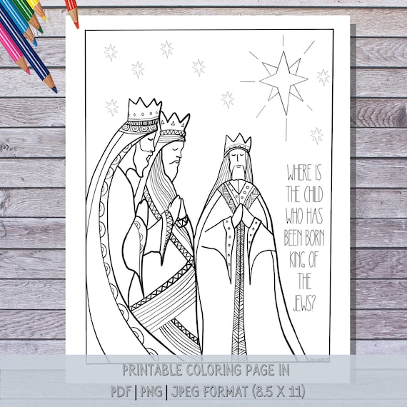 Three wise men printable christmas coloring page hand illustrated instant download print color at home matthew download now