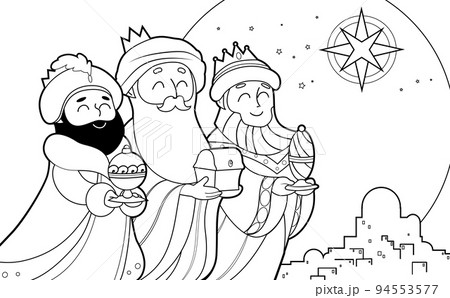 Three wise men with gifts to bethlehem coloring