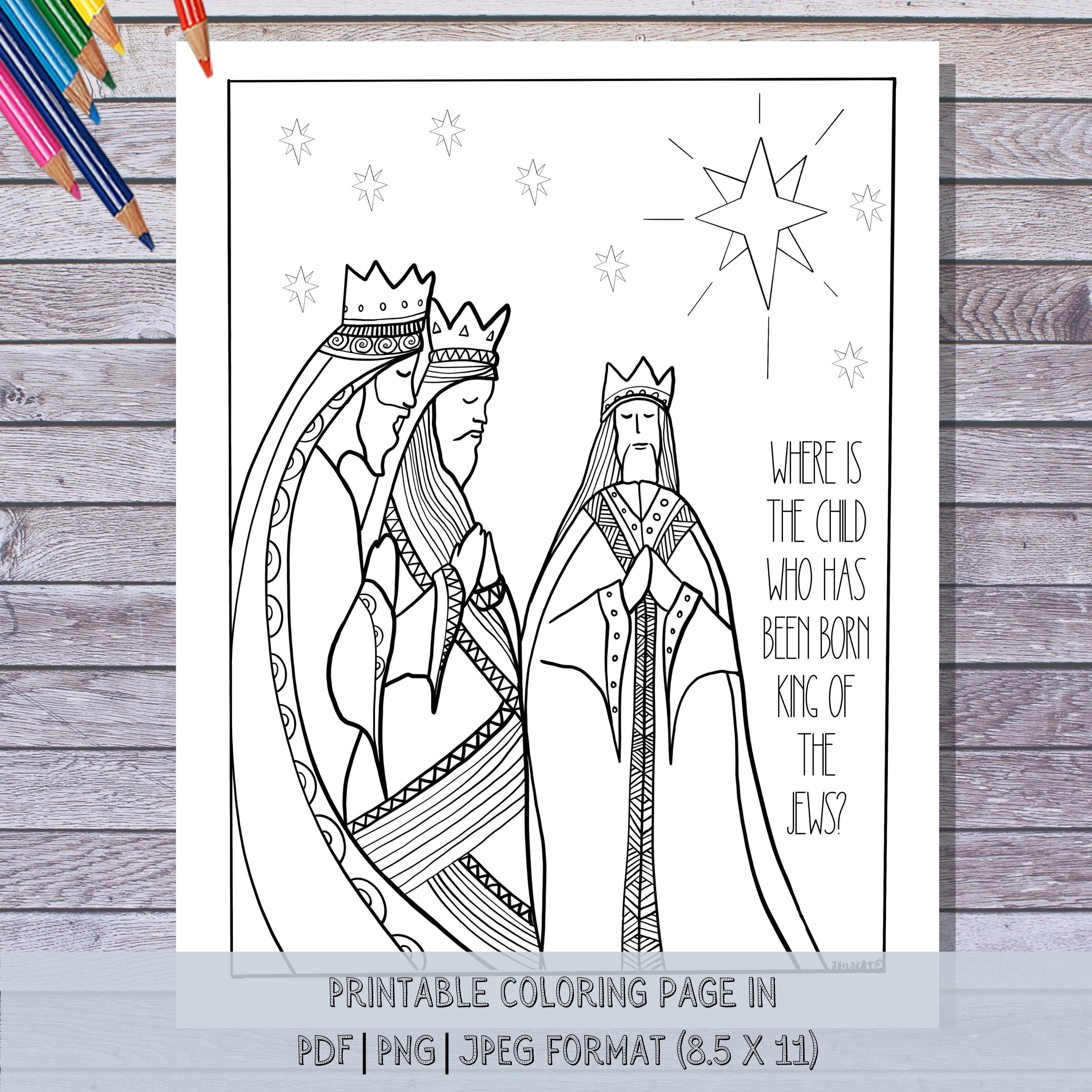 Three wise men printable christmas coloring page hand illustrated instant download print color at home matthew download now
