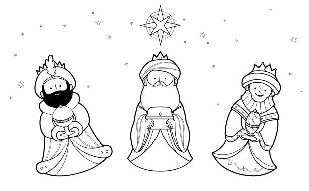 Three wise men cute cartoon outline illustration for coloring page stock illustration