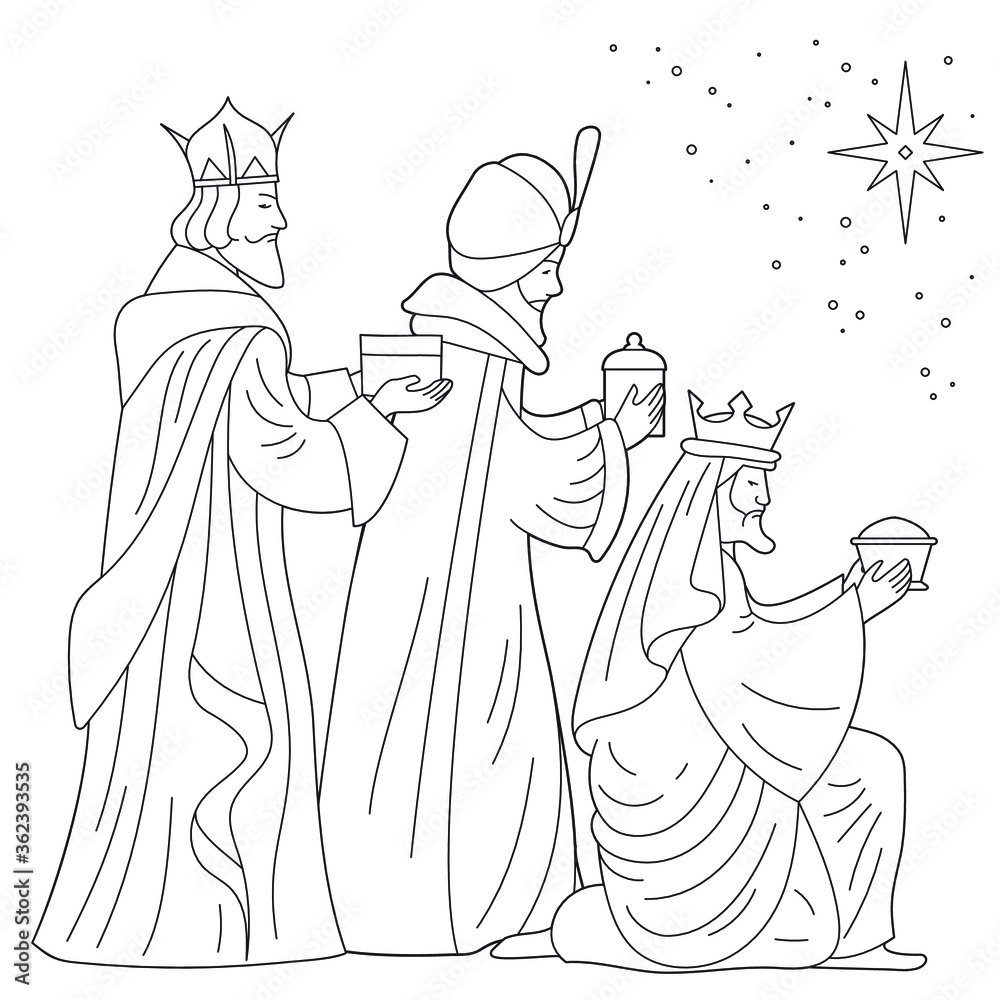Grafika wektorowa bible coloring page nativity scene three wise kings card magi men bringing gifts to jesus christian religious illustration happy epiphany day line art design for coloring book vector