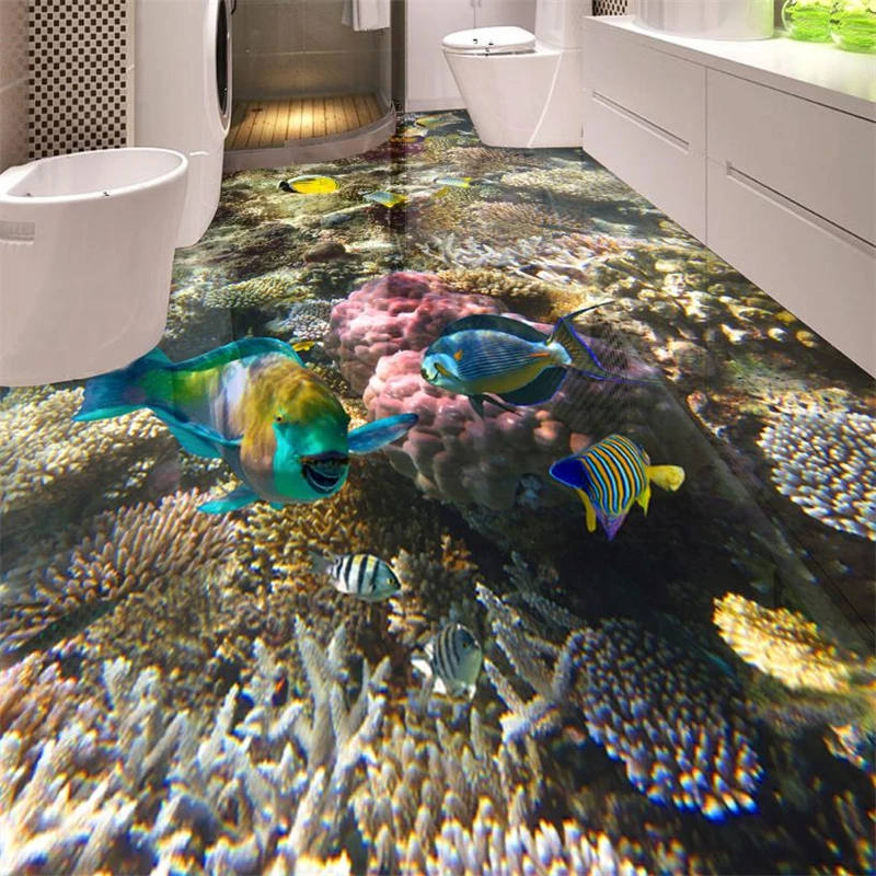 Hd floor tiles waterproof wallpaper for bathroom seabed coral tropical fish d pvc floor painting self adhesive wallpaper self
