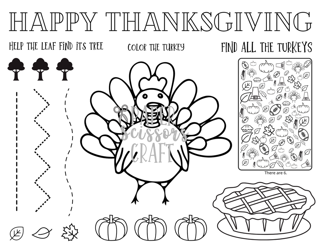 Happy thanksgiving toddler coloring place mat and activity page â paper scissors craft blog