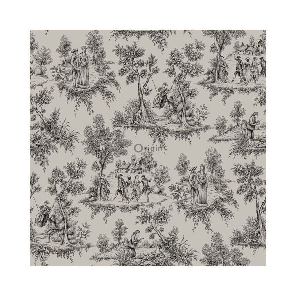 Wallpaper toile de jouy taupe and black