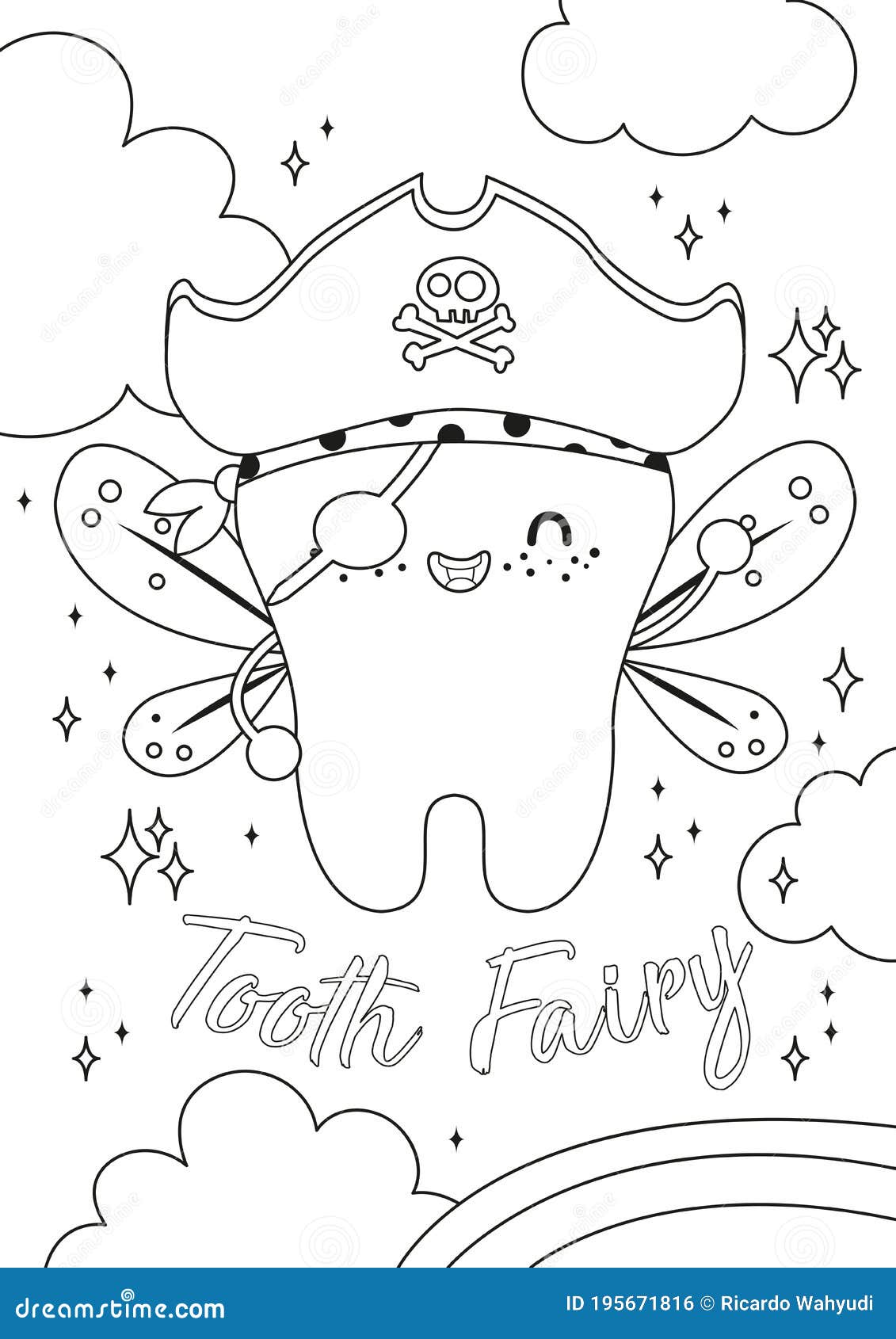 Coloring page for the coloring book with pirate tooth fairy stock vector