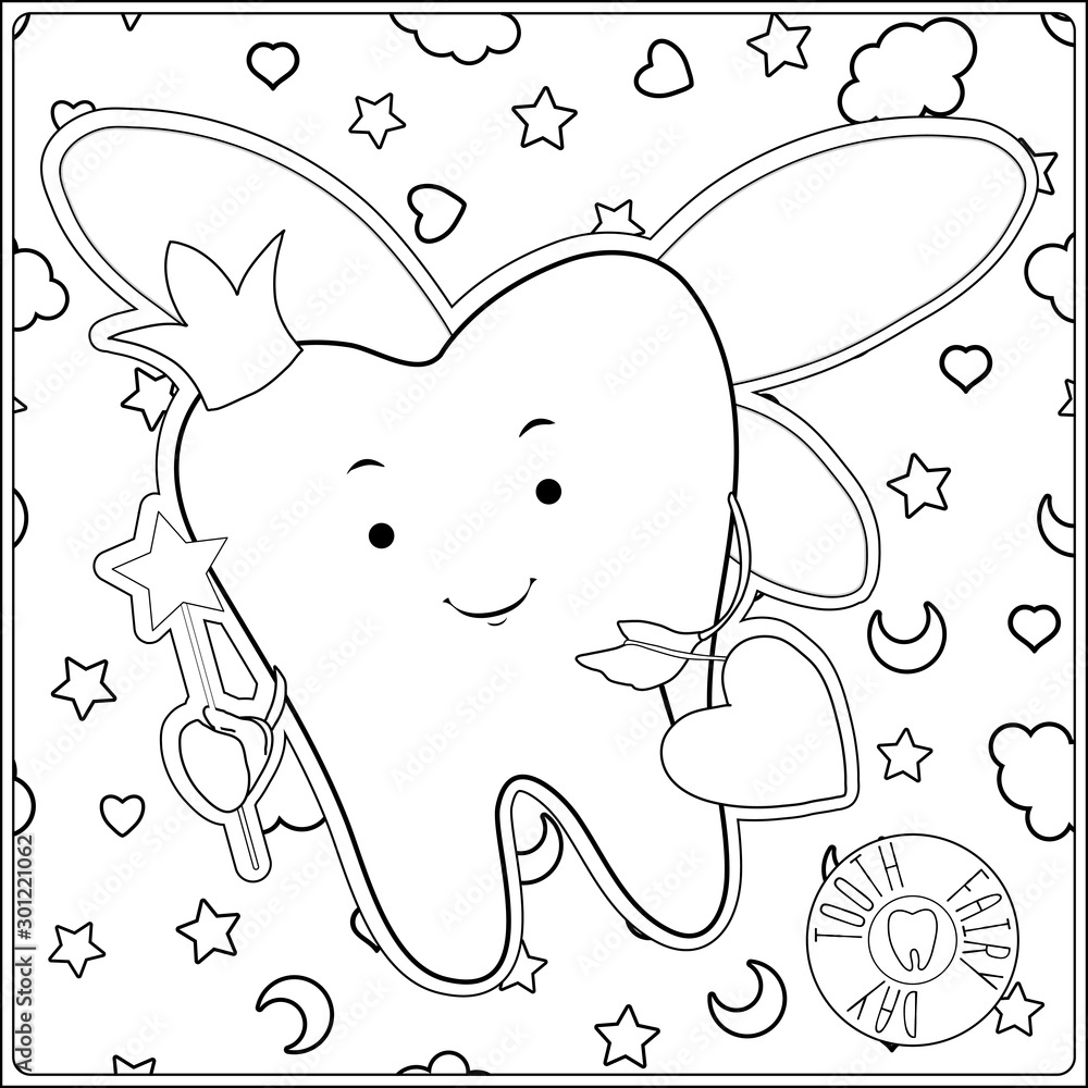 Tooth fairy vector cartoon illustration stylized tooth outline hand drawing vector illustration coloring page for the coloring book vector