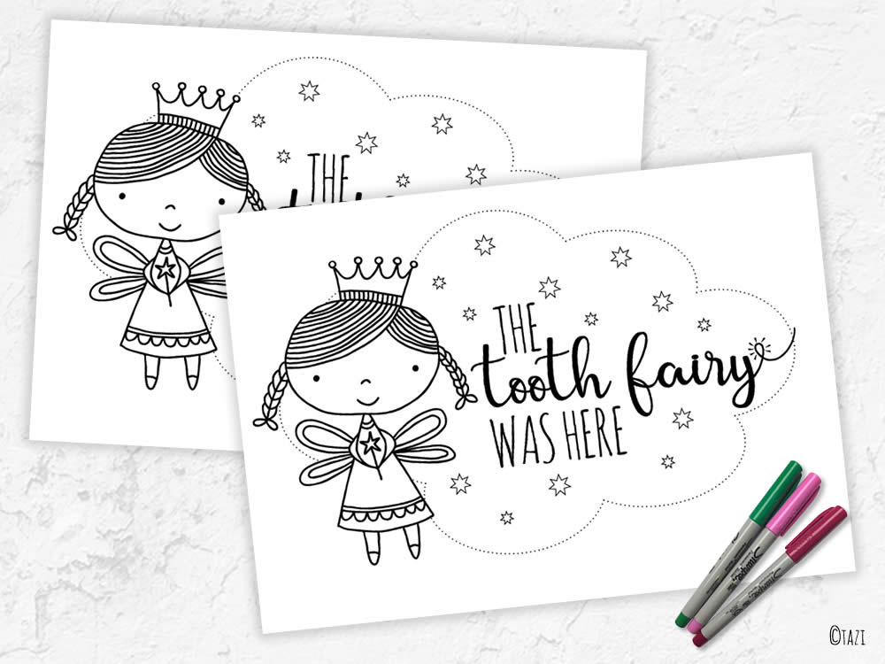 Tooth fairy colouring page printables