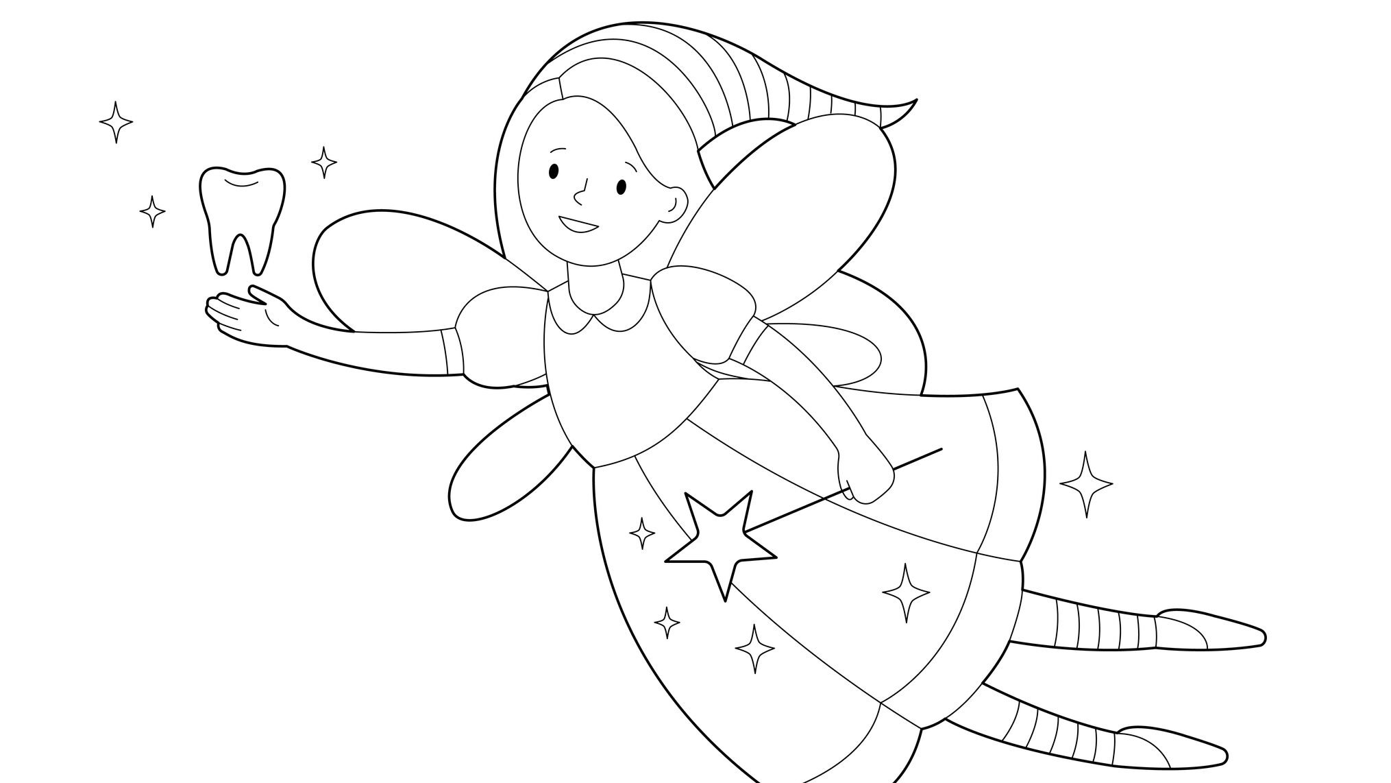 Smiling tooth fairy with magic wand and tooth contour linear illustration coloring page for kids