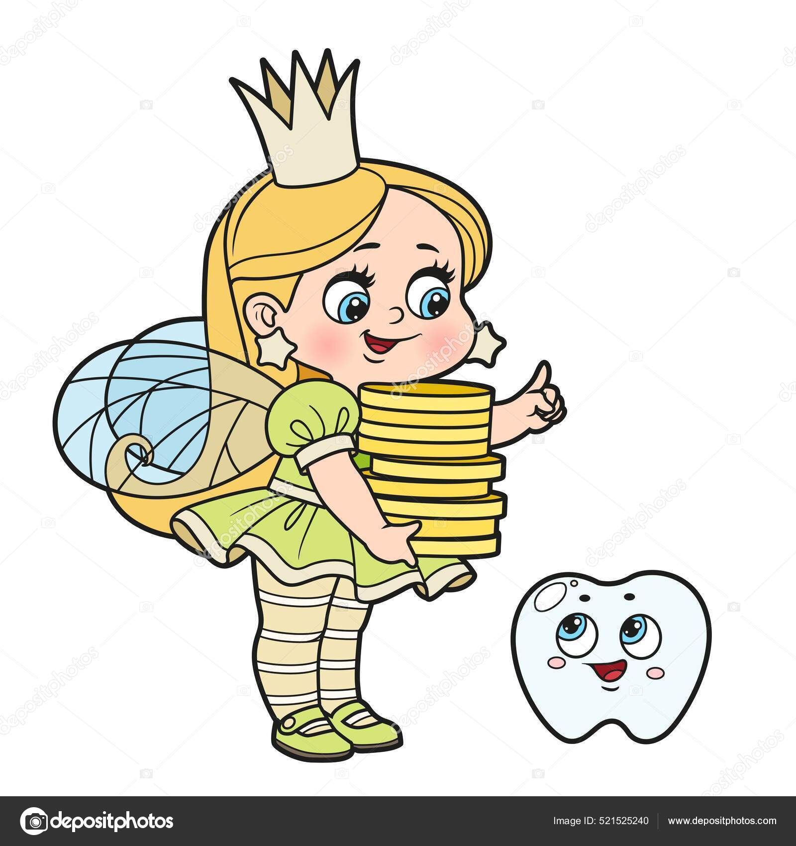 Cute little tooth fairy explains small tooth what one coin stock vector by yadviga