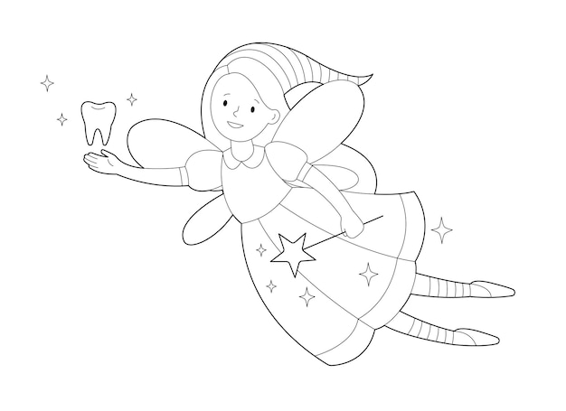 Premium vector smiling tooth fairy with magic wand and tooth contour linear illustration coloring page for kids