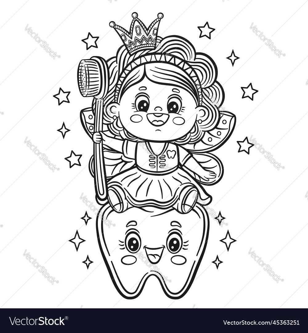 Tooth fairy princess teeth hygiene coloring page vector image