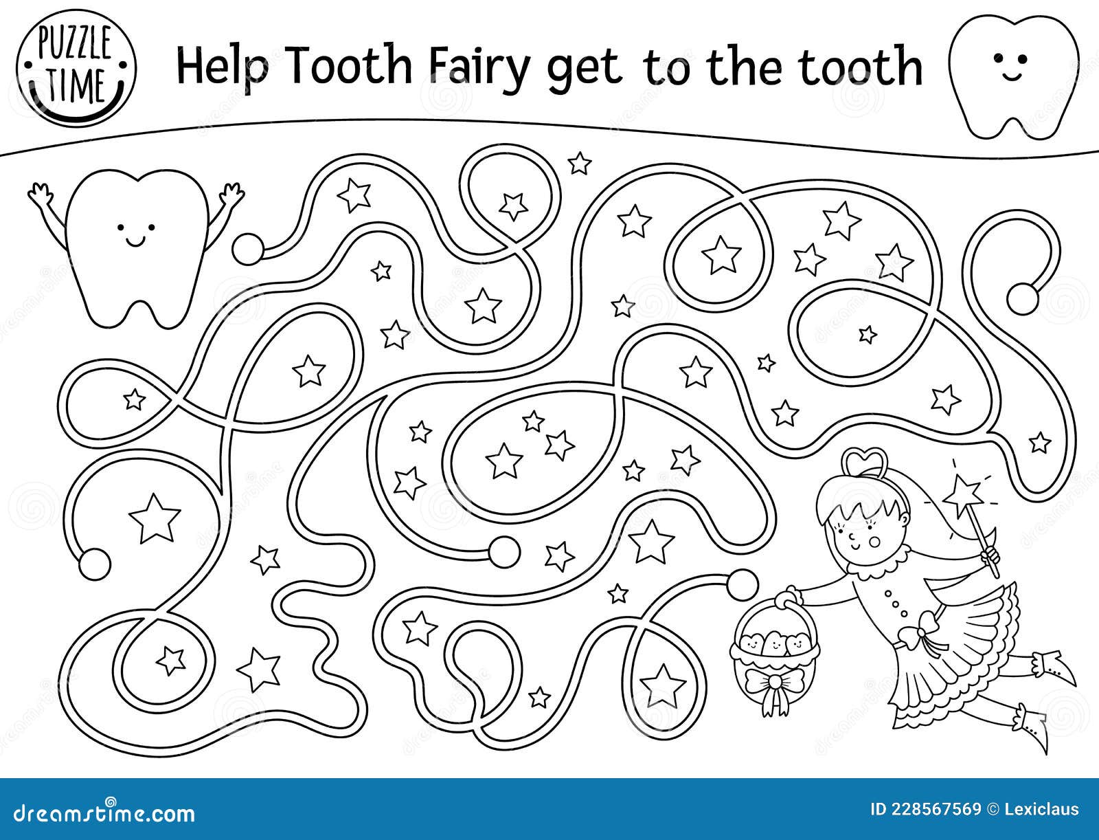Black and white dental care maze for children preschool line dentist clinic activity or coloring page stock vector