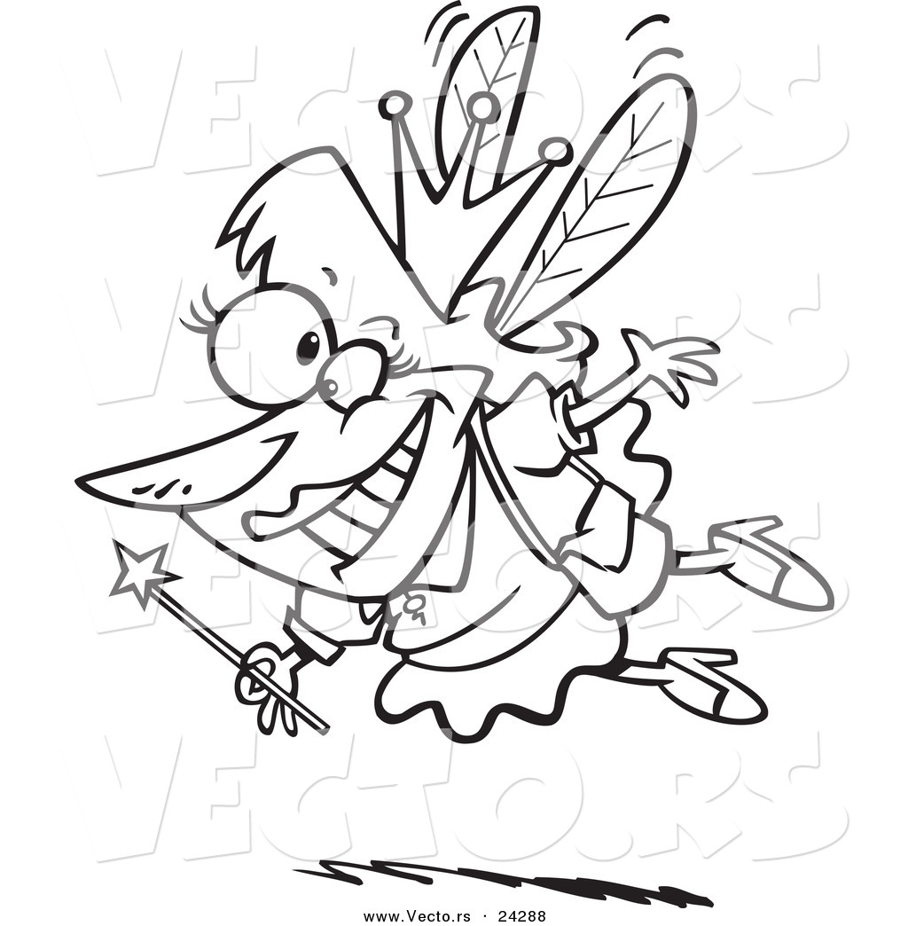 R of a cartoon happy tooth fairy black and white outline