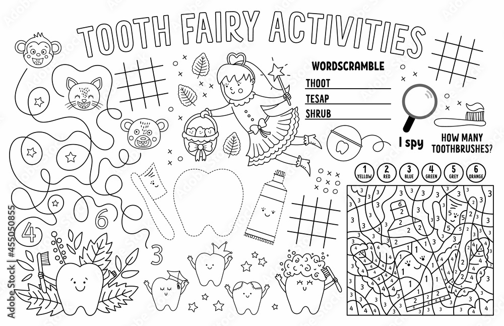 Vector tooth fairy placemat for kids mouth care printable activity mat with maze tic tac toe charts connect the dots find difference black and white dental play mat or coloring page