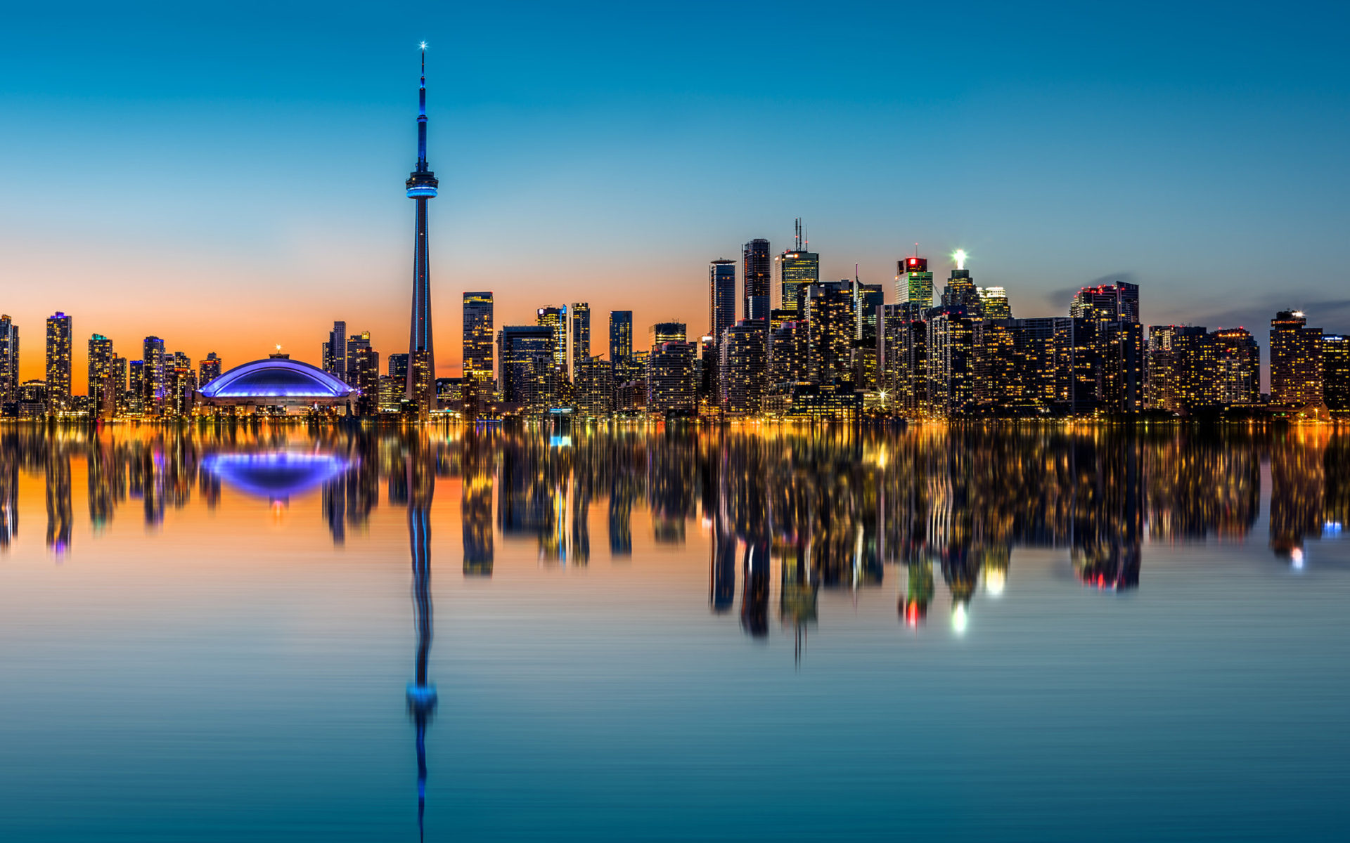 Toronto skyline reflection of buildings in harbor bay harbor bay toronto canada night landscape hd wallpapers for tablets free download