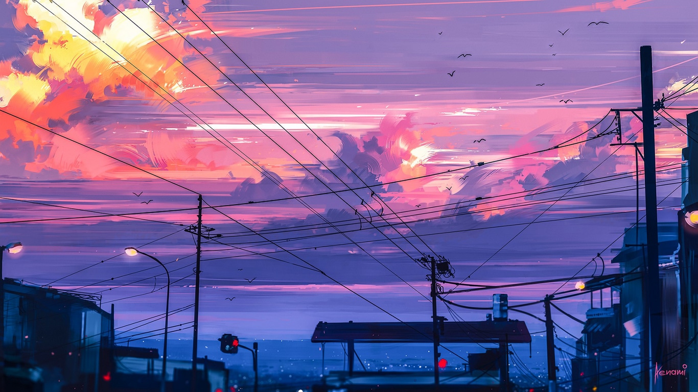 Wallpaper id digital art illustration sunset city clouds artwork lines town painting street drawing aenami free download