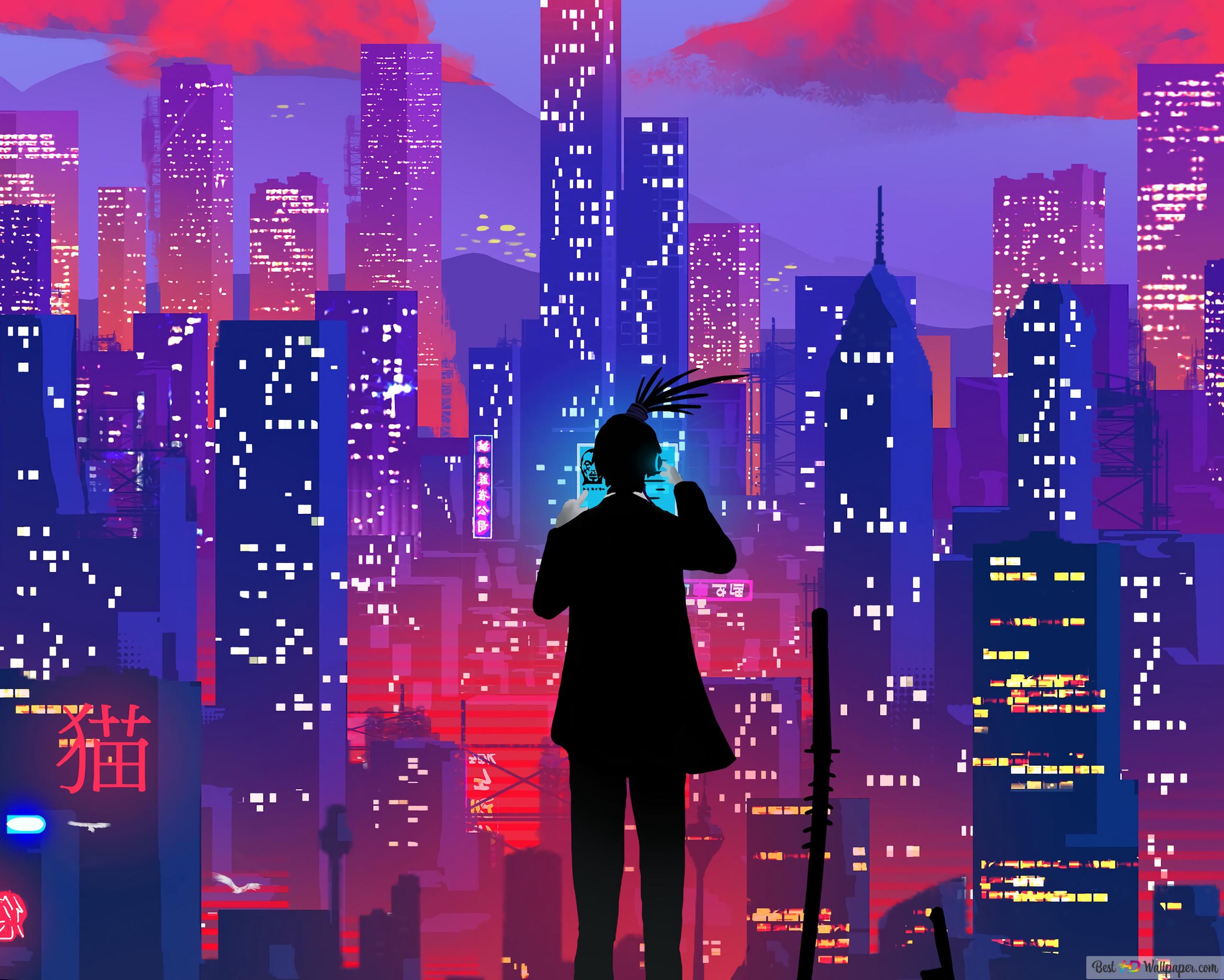Night city illustration k wallpaper download