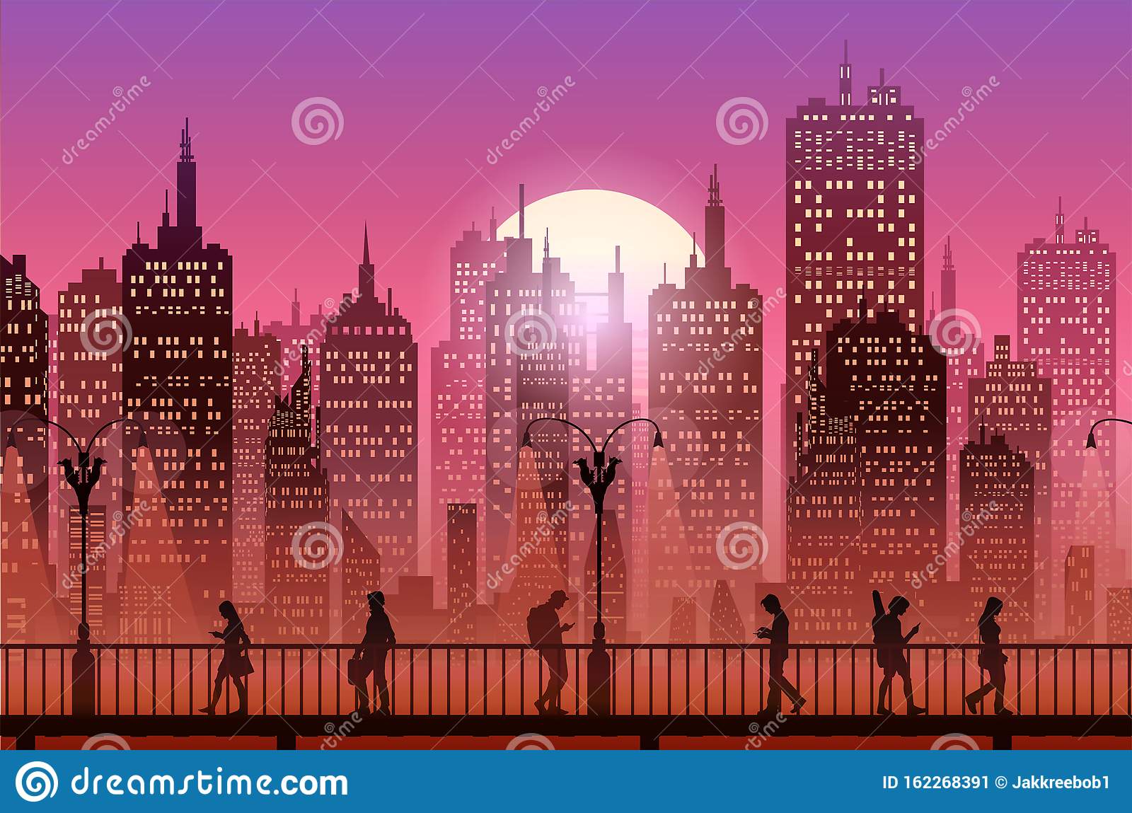 Downtown city wallpaper in the evening landscape wallpaper sunset illustration vector style sunlight colorful view background stock vector