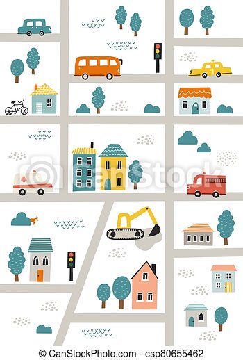 Hand drawn vector illustration cute town map with roads and houses for nursery wallpaper poster bedding canstock